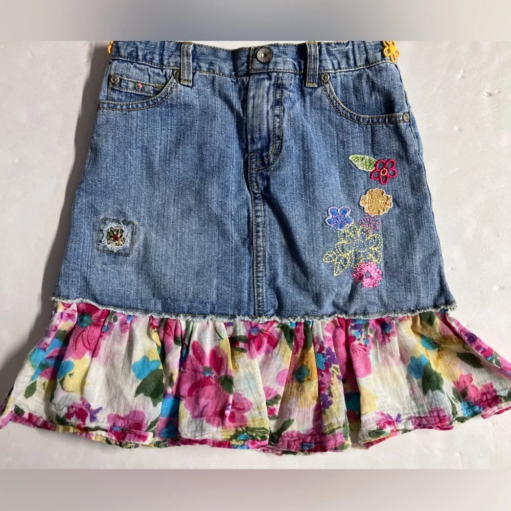 Girl’s Handcrafted Denim Shoulder Bag, Embroidered, Butterfly Lining, Faded Blue